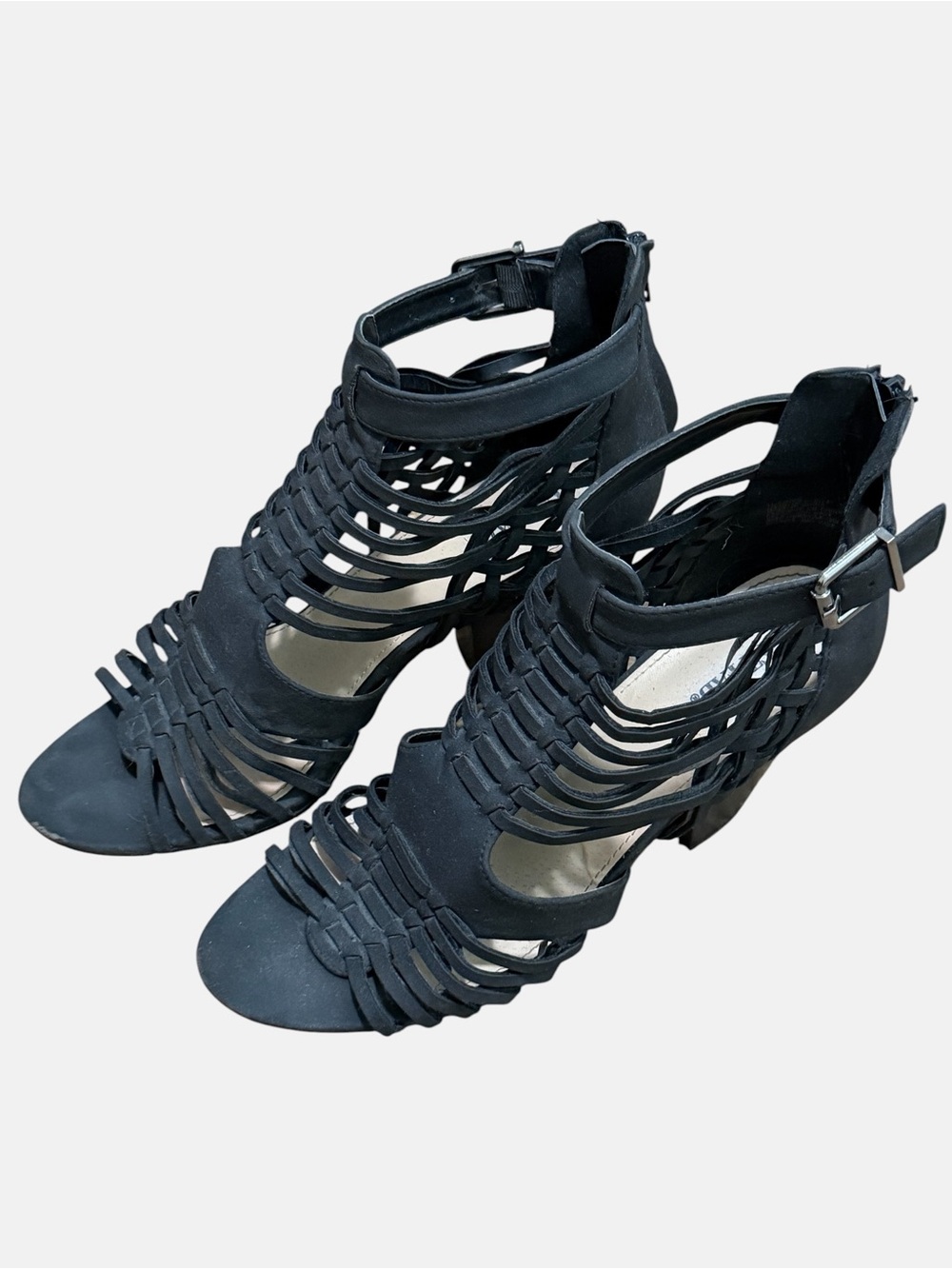 JustFab Black Strappy Cage Block Heels - Picture 2 of 9